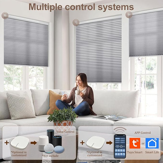 Godark Motorized Light Filtering Cellular Shades Compatible with Alexa/Google Home Electric Blinds Smart Honeycomb Shades for Windows Automatic Blinds with Remote Custom Size-Light Grey
