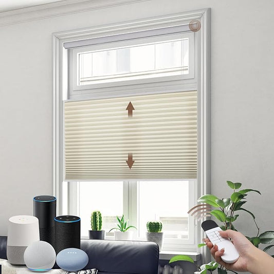 Godark Motorized TDBU vCellular Shades with Remote Control Smart Honeycomb Blinds Compatible with Alexa Google Home Smarthings Custom Double Cellular Light Filtering for Indoor Windows Doors-Beige