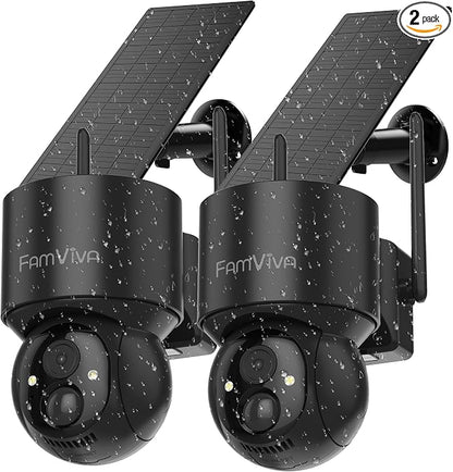 2K Solar Security Cameras Wireless Outdoor, 360°PTZ Battery Powered Cameras for Home Security, 2.4G WiFi Outdoor Camera with Color Night Vision, IP66 Waterproof, Motion Sensor Alarm, Black-2P