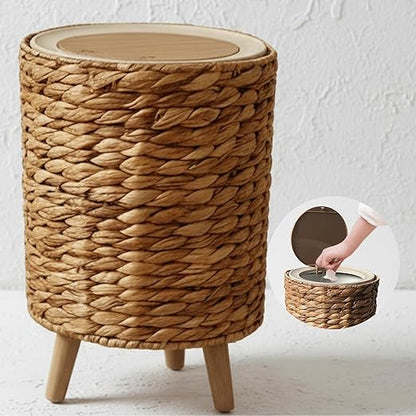 Yatmung 2.3 Gallon Wicker Trash Can - Boho Bathroom Trash Can with Lid - Natural Water Hyacinth Waste Basket for Bedroom, Living Room, Office - Removable Liner - Rattan Garbage Can with Wooden Leg