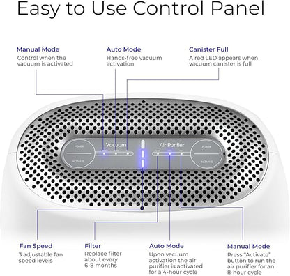 EyeVac Air 2-in-1 HEPA Air Purifier & Touchless Vacuum Automatic Dustpan - Ultra Fast & Powerful - Covers 600 Sq ft - Corded Canister Vacuum, Bagless, Automatic Sensors, 1000 Watt (White/White)