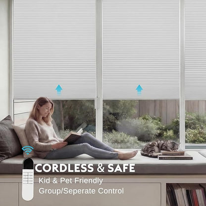 Custom Motorized Cellular Shades, Smart Honeycomb Blinds with Remote, 100% Cordless Thermal Blackout/Light Filtering Window Shades, No Drill Rechargeable Automatic Blinds for Indoor Windows