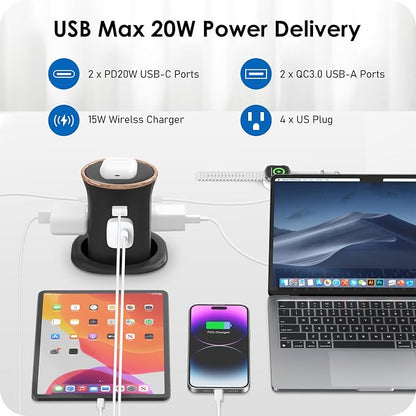 ANNQUAN 3.15" Motorized Pop Up Outlet Wireless Charger 20W USB Black 3FT | Pop Up Countertop Receptacle Max 20W Power Delivery Pop Up Electrical Outlet with 4 Outlets 4 USB Ports Home Office Kitchen