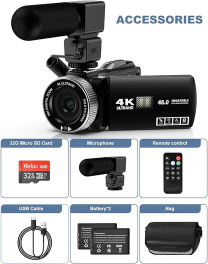 Video Camera Camcorder Full HD 4K 48MP Vlogging Camera for YouTube Digital Camera Recorder Video Camera for Filming with 3.0" Touch Screen,2 Batteries and 32G SD Card