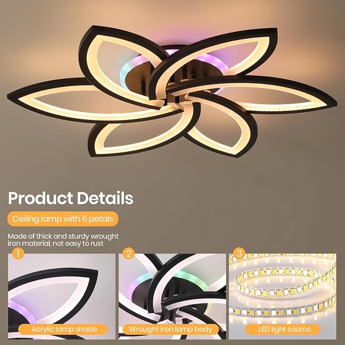 LED Ceiling Light, 50W RGB Flower Flush Mount Light with Remote | Dimmable RGB Ceiling Light with Remote, Independent RGB Backlight, 3000K-6000K, 3000LM Modern Lamp for Bedroom Living Room