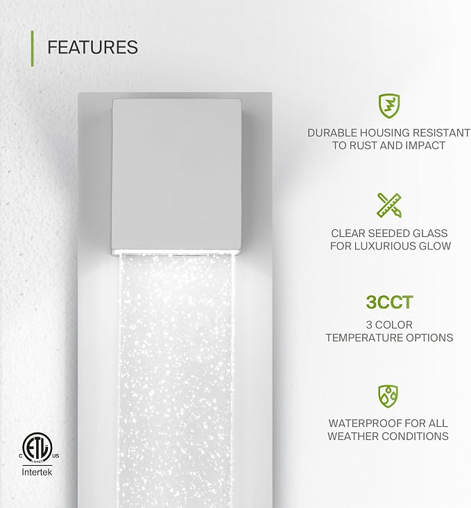 ASD LED 24" Bubble Glass Wall Light Fixture, Outdoor & Indoor Seeded Sconce | 3CCT, Waterproof, Dimmable, ETL Listed | 20W 600LM 3000-5000K 100-277V | Exterior Lantern, Porch Lighting | White