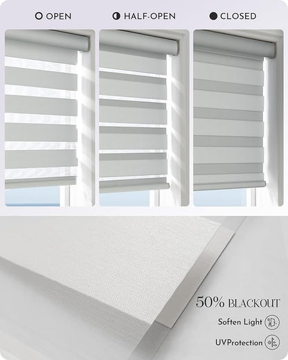 Graywind Motorized Zebra Blinds for Windows, Darkening Hardwired Smart Blinds with Remote Control, Dual Layer Custom Zebra Shades Work with Alexa, Google Home, Apple Homekit, Wool-Like Light Grey