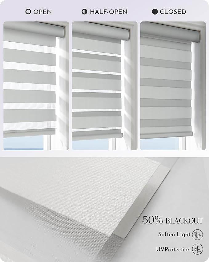 Graywind Motorized Zebra Sheer Blinds Compatible with Alexa Horizontal Light Filtering Window Shades Remote Roller Blinds with Valance for Smart Home and Office, Customized Size (Wool-Like White)
