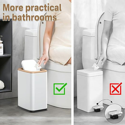 2.1 Gal Slim Bathroom Trash Can with Swing Lid, Rustproof Stainless Steel Small Garbage Can for Narrow Spaces & Toilet Side, Dog Proof Odor Control Waste Basket for Bedroom/Office, White