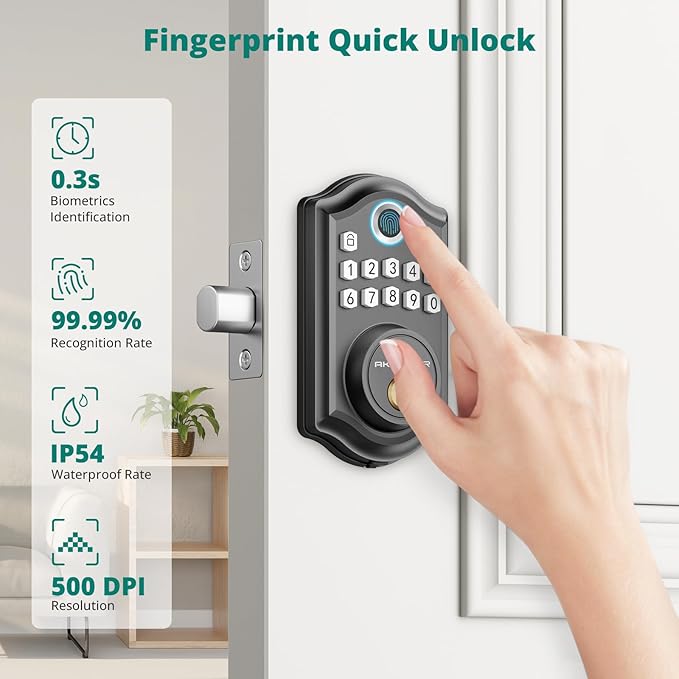 AkaGear DS10 Pro Keyless Entry Door Lock with Handle Set, Smart Front Door Locks Set, Electronic Keypad, Fingerprint Deadbolt, Bluetooth APP Control, Auto-Lock & One Touch Locking, Matte Black