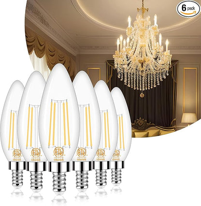 Honesorn E12 LED Bulb Dimmable, 60-Watt Equivalent, Candelabra Led Light Bulbs, 3000k Warm White, Type B Chandelier Light Bulb for Ceiling Fan, C35 B11 Candle led for Candelabra Base, 6 Pack