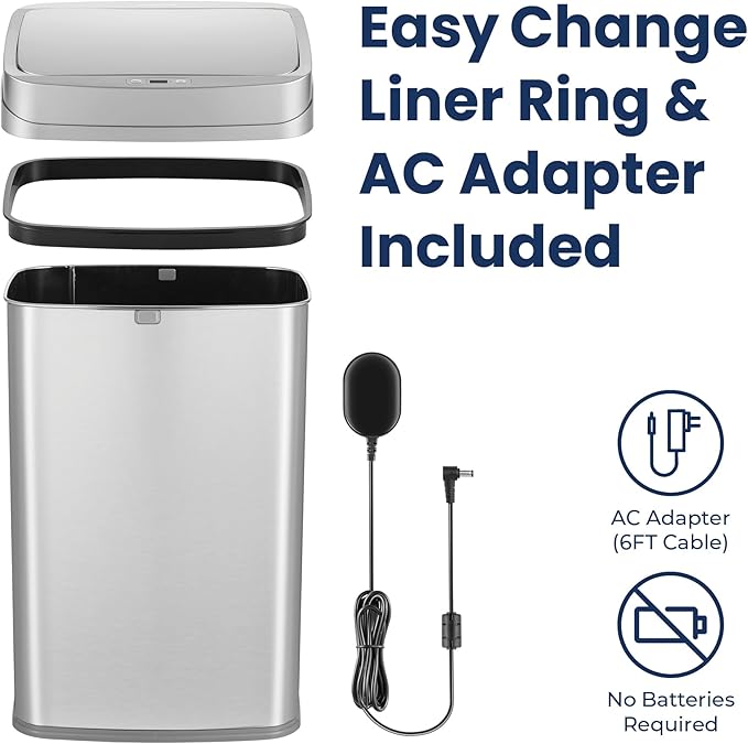 Ninestars 13 Gallon Odor Neutralizing Smart Trash Can, UV + Ozone Dual Purification, Odor Control Motion Sensor Garbage Bin, Universal Power Adapter, ONT-50-81SL Stainless Steel, Silver, Nova Series