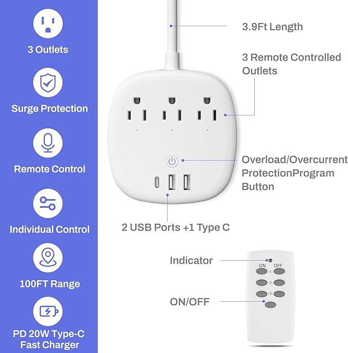 BN-LINK Remote Control Surge Protected Power Strip with 3 Individually Controlled Outlets, PD 20W Fast Charging USB-C, 3.9 FT Plug Extension Cord, 3 always-on USB Ports, Desk USB Charging Station, ETL