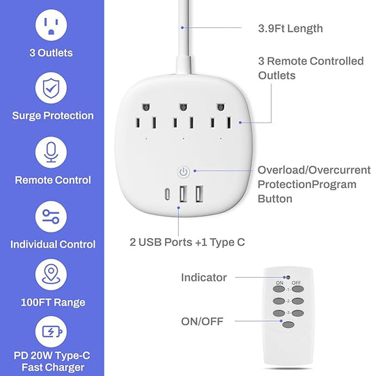 BN-LINK Remote Control Surge Protected Power Strip with 3 Individually Controlled Outlets, PD 20W Fast Charging USB-C, 3.9 FT Plug Extension Cord, 3 always-on USB Ports, Desk USB Charging Station, ETL