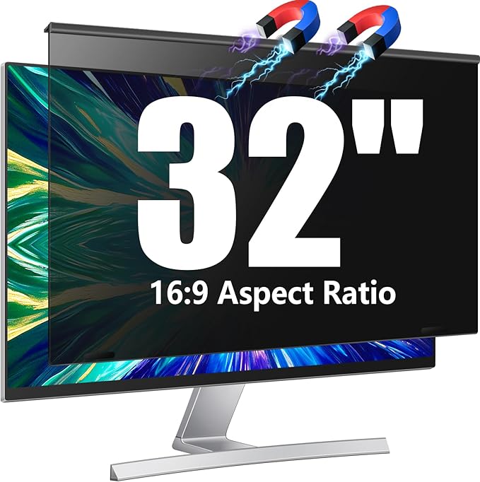 Magnetic 32 inch Privacy Screen for Computer Monitor 16:9 Widescreen Desktop PC, 32in Hanging Removable Anti Glare Blue Light Eye Protection Shield, Anti Spy Screen Protector Panel