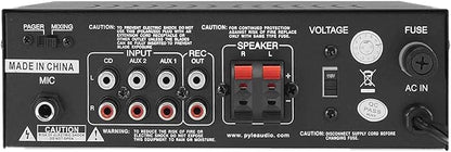 Home Audio Power Amplifier System - 2X120W Mini Dual Channel Mixer Sound Stereo Receiver Box w/ RCA, AUX, Mic Input - For Amplified Speakers, PA, CD Player, Theater, Studio Use - Pyle PTA4 Black
