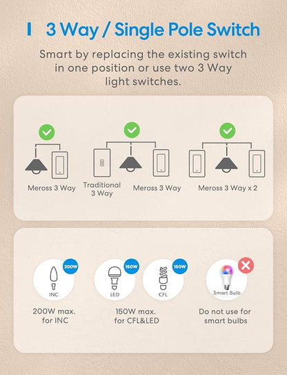 3 Way Smart Switch, Meross Smart Light Switch Supports Apple HomeKit, Siri, Alexa, Google Assistant & SmartThings, 2.4Ghz WiFi Light Switch Neutral Wire Required, Remote Control Timer 2 Pack