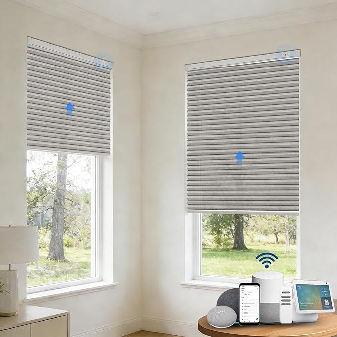Motorized Cellular Shades with Remote, Smart Cellular Shades Compatible with Apple HomeKit, Alexa & Google Home, Honeycomb Window Blinds for Indoor Windows, Light Filtering Silver Mist