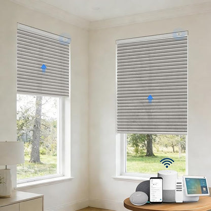 Motorized Cellular Shades with Remote, Smart Cellular Shades Compatible with Apple HomeKit, Alexa & Google Home, Honeycomb Window Blinds for Indoor Windows, Light Filtering Silver Mist