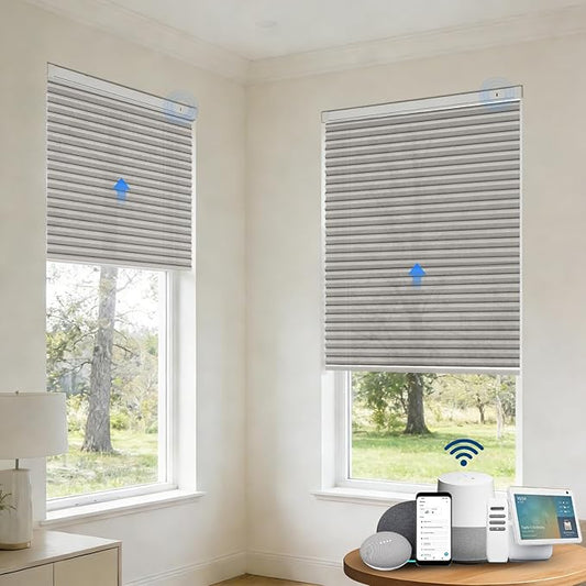 Motorized Cellular Shades with Remote, Smart Cellular Shades Compatible with Apple HomeKit, Alexa & Google Home, Honeycomb Window Blinds for Indoor Windows, Light Filtering Silver Mist