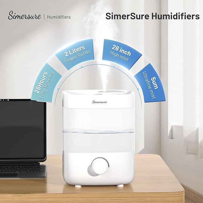SimerSure Top Fill Humidifier, 2L Water Tank for Bedroom, 28H Long Lasting New White Air Humidifier for Large Room, Ultra Quiet 25dB Cool Mist for Baby, Plants, Office, Easy to Clean & Fill