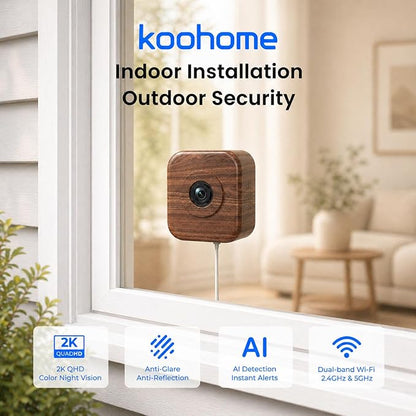 2K Window Camera for Indoor & Outdoor Home Security,Color Night Vision,Anti-Glare,24/7 Recording,Free 3-Day Cloud Storage,Dual-Band WiFi,AI Human Detection,Magnetic Mount,Walnut Wood Design