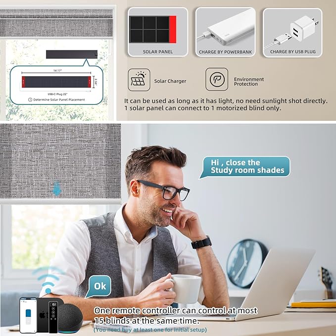 SmartWings Motorized Light Filtering Shades, Work with Matter Thread Homekit Z-Wave Alexa Google, 70% Blackout Shades Translucent, Cordless Blinds with Remote Control Rechargeable, Safari Midnight
