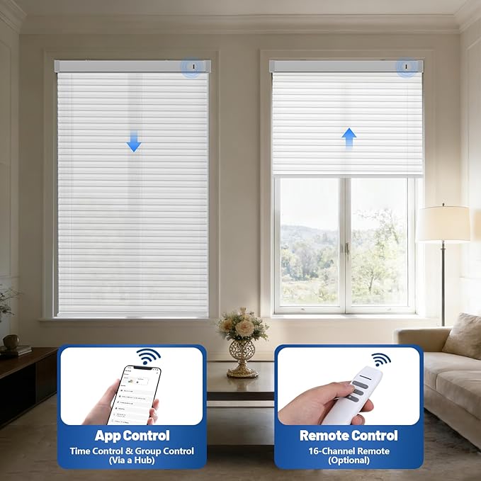Motorized Cellular Shades with Remote, Light Filtering Smart Cellular Shades Compatible with Alexa, Honeycomb Window Blinds for Bedroom Home Office, Custom Size, Half Shading White