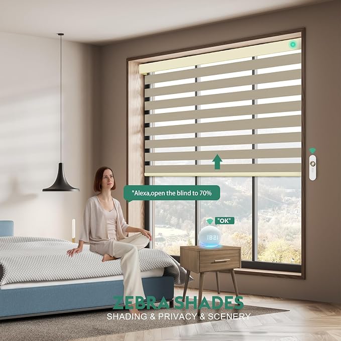 Motorized Zebra Blinds with Remote [Dual Layer + Light Filtering] 95% Blackout Smart Shades for Indoor Windows, Alexa Google and HomeKit Compatible, Customized Size, Equinox Gold