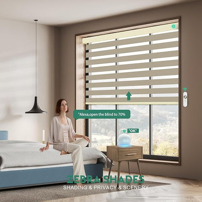 Motorized Zebra Blinds with Remote [Dual Layer + Light Filtering] 95% Blackout Smart Shades for Indoor Windows, Alexa Google and HomeKit Compatible, Customized Size, Equinox Gold