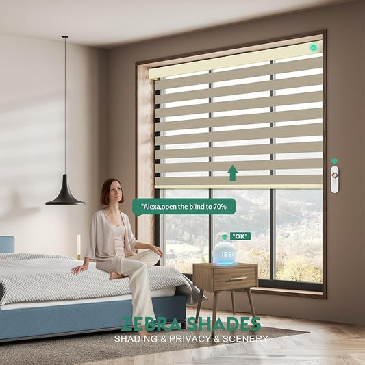 Motorized Zebra Blinds with Remote [Dual Layer + Light Filtering] 95% Blackout Smart Shades for Indoor Windows, Alexa Google and HomeKit Compatible, Customized Size, Equinox Gold