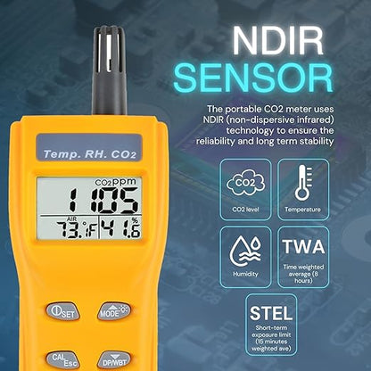 Portable CO2 Meter Handheld CO2 Detector Monitor 0~9999ppm, Carbon Dioxide Meter with Alarm Function, Temperature & Humidity Meter NDIR Sensor Air Quality Monitor for Home Trip Classroom and Office