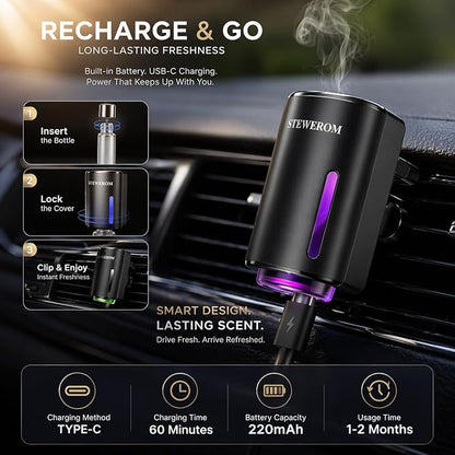 Car Air Freshener - Smart Adjustable 3-Speed Intensity, Rechargeable Humidifier Car Essential Oil Diffuser - Comes with 8 Bottles of 10ml Perfume (Black)