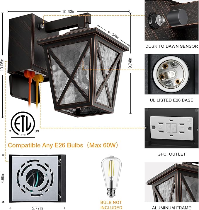 Ehaho Porch Lights with Outlet, Dusk to Dawn Outdoor Light with Outlet Built-in, Waterproof Anti-Rust Lantern Outside Light with GFCI Outlet, Wall Sconce Light with Plug for Front Door (Bronze 1 PC)