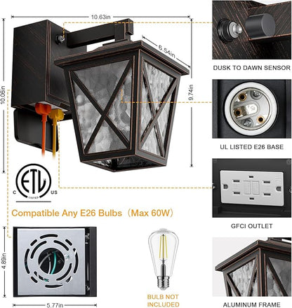 Ehaho Porch Lights with Outlet, Dusk to Dawn Outdoor Light with Outlet Built-in, Waterproof Anti-Rust Lantern Outside Light with GFCI Outlet, Wall Sconce Light with Plug for Front Door (Bronze 1 PC)