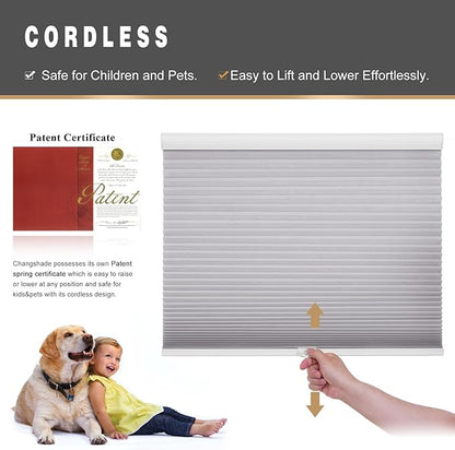 Changshade Cellular Shades Window Blinds Light Filtering Cordless Custom Size, Honeycomb Door Window Blinds 1.5 inch Cell Pleated Easy to Install for Home, Office, Bedroom, Bathroom, Nursey, Grey