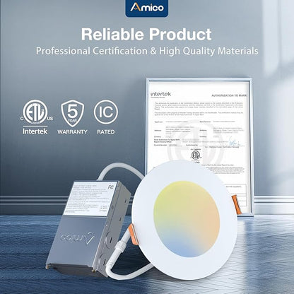 Amico 24 Pack 4 Inch 5CCT Ultra-Thin LED Recessed Ceiling Light with Junction Box, 2700K/3000K/3500K/4000K/5000K Selectable, 10W Eqv 60W, Dimmable Can Light, 800LM High Brightness Downlight - ETL&FCC