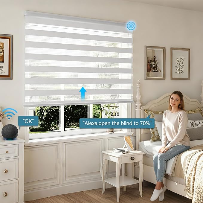 Interior Window Shades, Smart Dual Layer Light Filtering Blinds Compatible with Alexa & Google Home, Customized Size Cordless Electric Window Shades, (White, 55% Blackout)