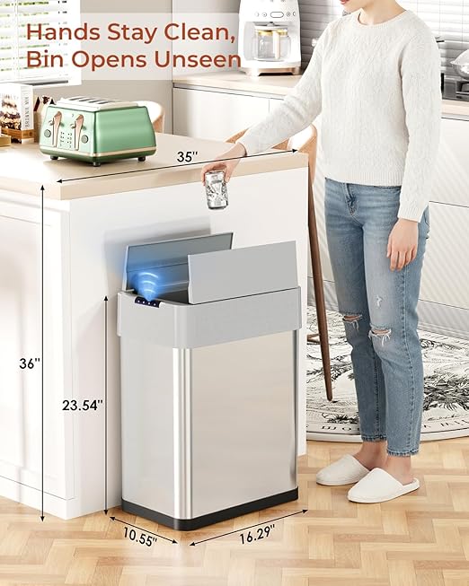 TLSUNNY 13.2 Gallon Automatic Trash Can, Stainless Steel Motion Sensor Garbage bin, Smart Trash Can W/Butterfly Lid, Bag Retainer Ring and Display Light for Living Room,Kitchen,Office (Silver, 50L)