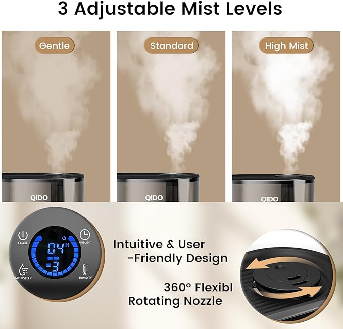 COMHOMA Top Fill Humidifiers for Bedroom, 5L Tank for Large Room, Easy to Fill & Clean, 28dB Quiet Cool Mist Air Humidifier for Home Baby Nursery & Plants, Touch/APP/7-color Nightlight, 36H, Black