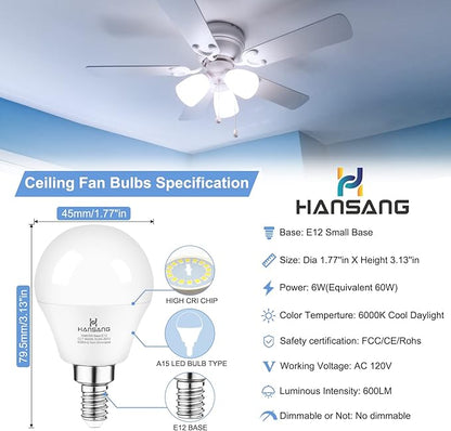 E12 LED Ceiling Fan Light Bulbs 6000K Cool Daylight, 6W 60Watt Equivalent, A15 Small Candelabra Base Chandelier Bulbs, 600LM, Non-dimmable, 6 Pack