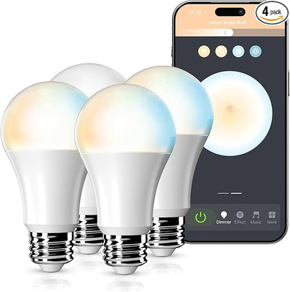 Leona Smart Light Bulbs, LED, Tunable White 2700K-6500K, 9W, 800 Lumens, WiFi, Dimmable, A19, E26 Base, Compatible with Alexa & Google Home (4-Pack)