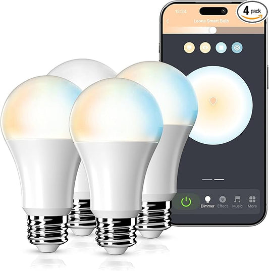 Leona Smart Light Bulbs, LED, Tunable White 2700K-6500K, 9W, 800 Lumens, WiFi, Dimmable, A19, E26 Base, Compatible with Alexa & Google Home (4-Pack)