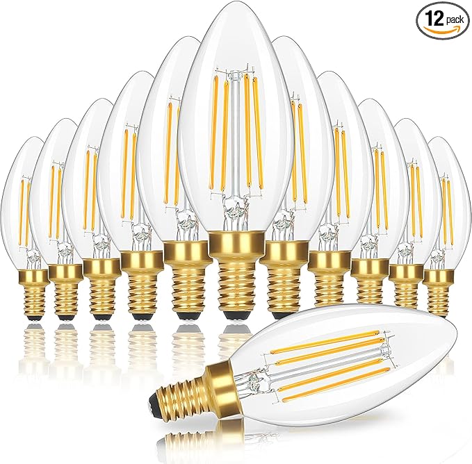 Dimmable E12 Candelabra LED Light Bulbs 60 Watt Equivalent, 6W 630LM Chandelier Light Bulb 2700K Soft Warm White, Vintage LED Filament Clear Glass Candle Light Bulbs, 90+ CRI, No Flicker, 12-Pack