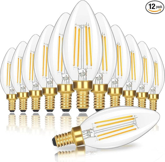 Dimmable E12 Candelabra LED Light Bulbs 60 Watt Equivalent, 6W 630LM Chandelier Light Bulb 2700K Soft Warm White, Vintage LED Filament Clear Glass Candle Light Bulbs, 90+ CRI, No Flicker, 12-Pack