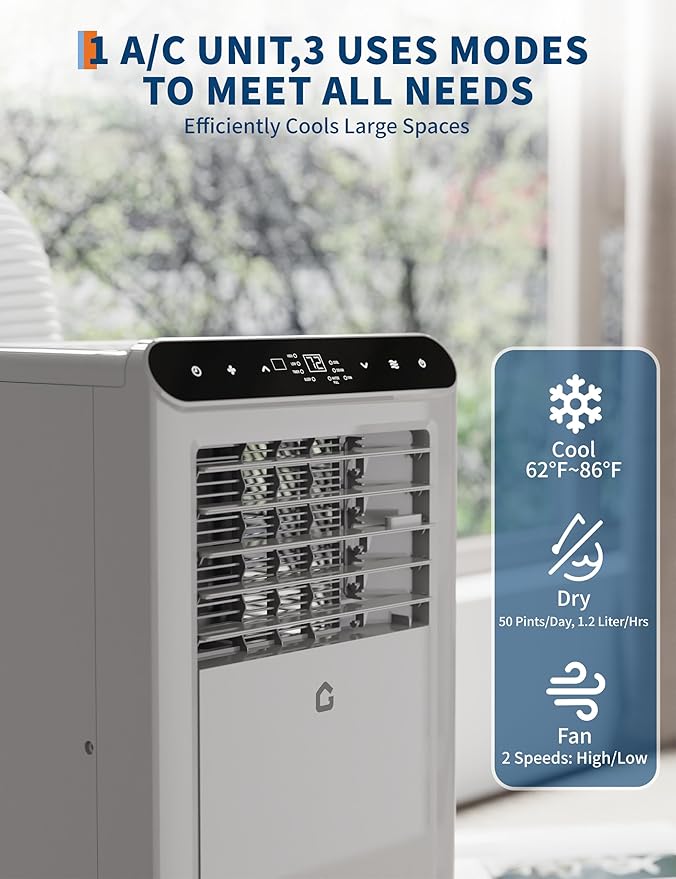 GarveeLife Portable Air Conditioners, 8,000 BTU for Rooms up to 350 Sq.Ft., Smart Compact AC Unit with Cooling, Dehumidifier, Fan, Remote Control and Window Kit, Gray