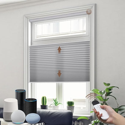 Godark Motorized TDBU Cellular Shades with Remote Control Smart Honeycomb Blinds Compatible with Alexa Google Home Smarthings Custom Double Cellular Light Filtering for Indoor Windows Doors-Grey
