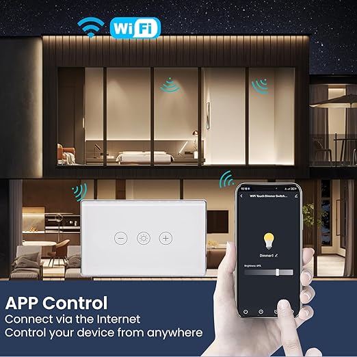 Smart Dimmer Switch,4.65 X 2.83 X 1.3 Inches,Aluminum Frame,Need Neutral Wire,2.4GHz,Tuya/Smart Life App/Alexa,2.5D Curved-Edge Tempered Glass Panel,White