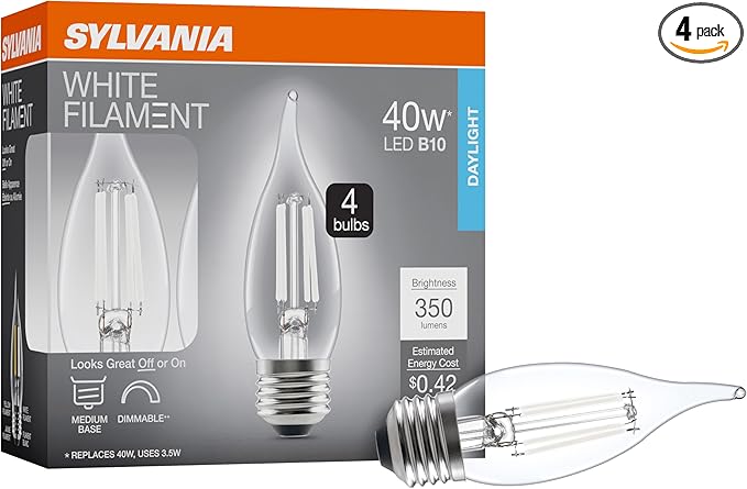 Sylvania B10 Clear LED White Filament Bulb, 3.5W, Dimmable, 350 LMS, Medium Base, 5000K, Daylight - 4 Pack (42257)