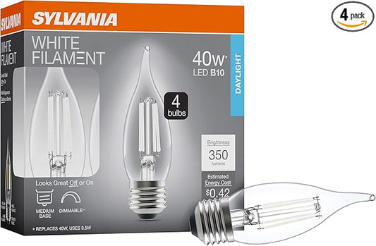 Sylvania B10 Clear LED White Filament Bulb, 3.5W, Dimmable, 350 LMS, Medium Base, 5000K, Daylight - 4 Pack (42257)